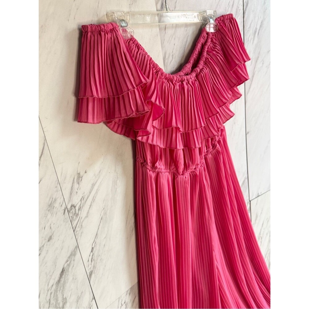 Nasty Gal Hot Pink Pleated Off The Shoulder Ruffle Wide Leg Jumpsuit Womens 10 - Picture 3 of 7